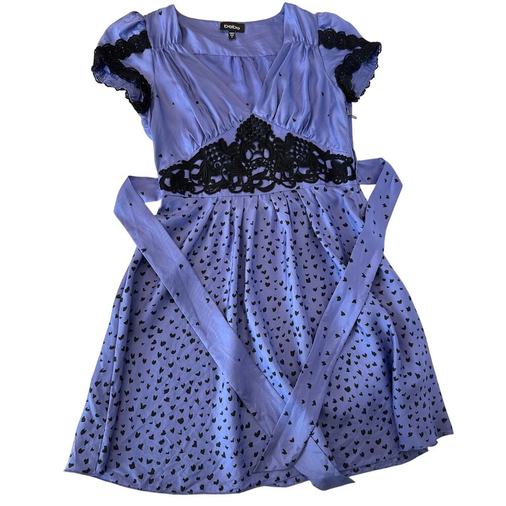 VTG Y2K Bebe Silk A-Line Dress Periwinkle Blue Babydoll Coquette Romantic Goth